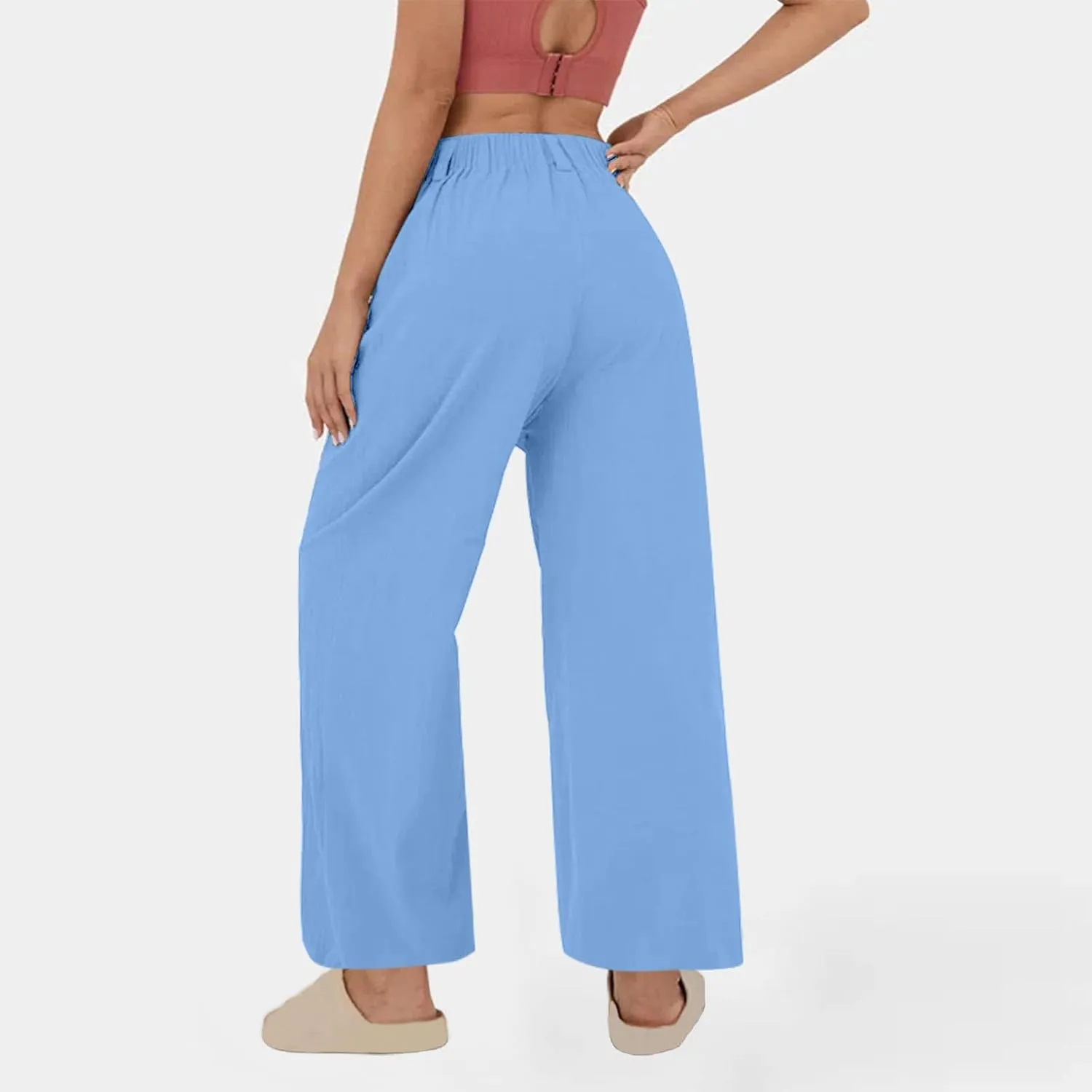 Lmdudan Cotton Linen Work Pants Women Business Casual Dressy Trousers Slacks Elastic High Waist Straight Leg Pant with Pocket