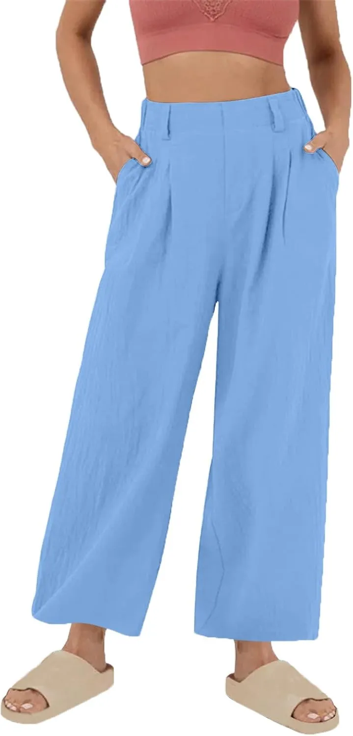 Lmdudan Cotton Linen Work Pants Women Business Casual Dressy Trousers Slacks Elastic High Waist Straight Leg Pant with Pocket