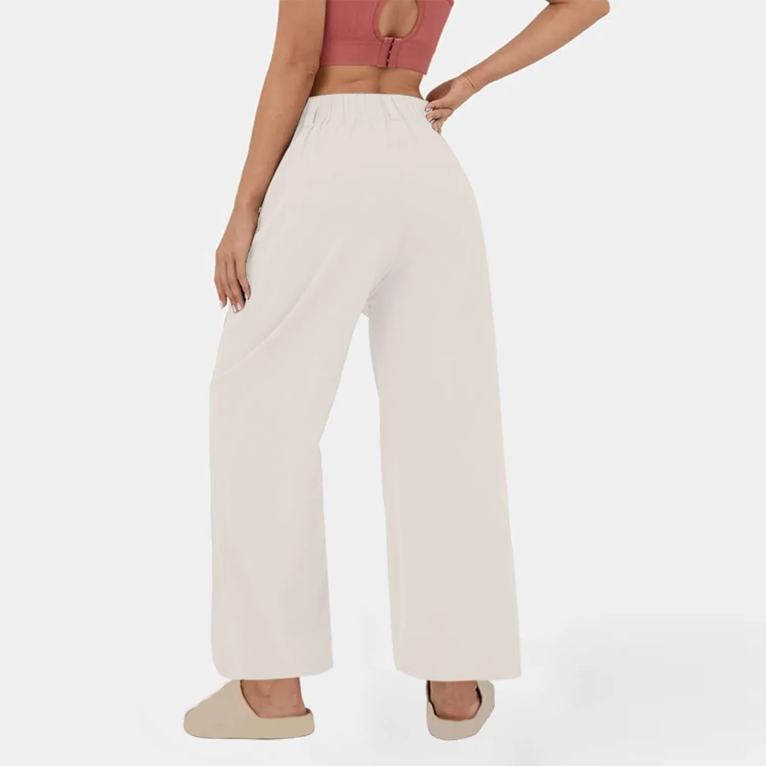 Lmdudan Cotton Linen Work Pants Women Business Casual Dressy Trousers Slacks Elastic High Waist Straight Leg Pant with Pocket