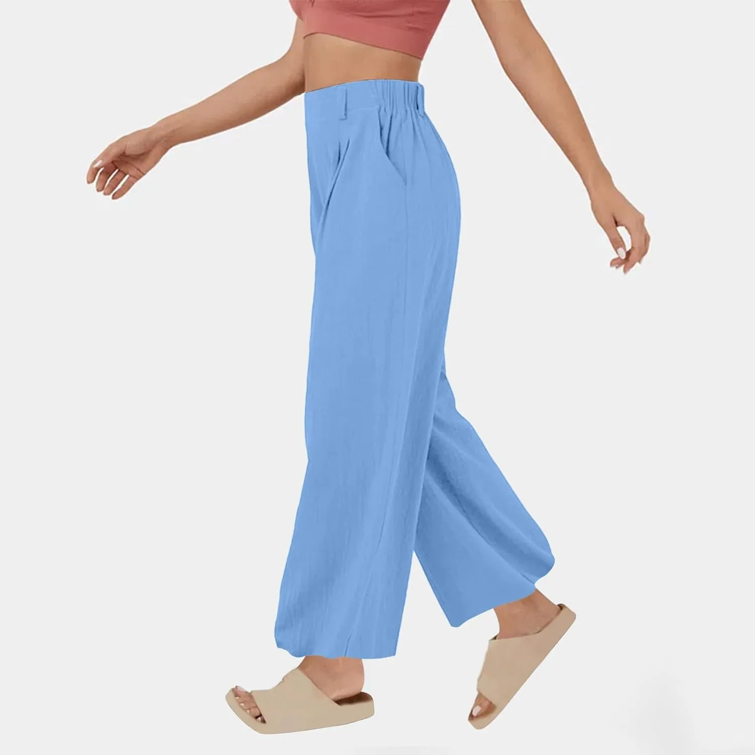 Lmdudan Cotton Linen Work Pants Women Business Casual Dressy Trousers Slacks Elastic High Waist Straight Leg Pant with Pocket