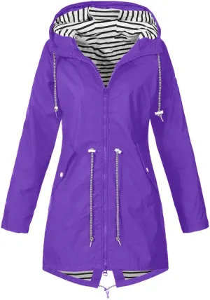 Long Rain Jacket Women Striped Lined Hooded Lightweight Raincoats Outdoor Waterproof Windbreaker Rain Coat Trench Coats