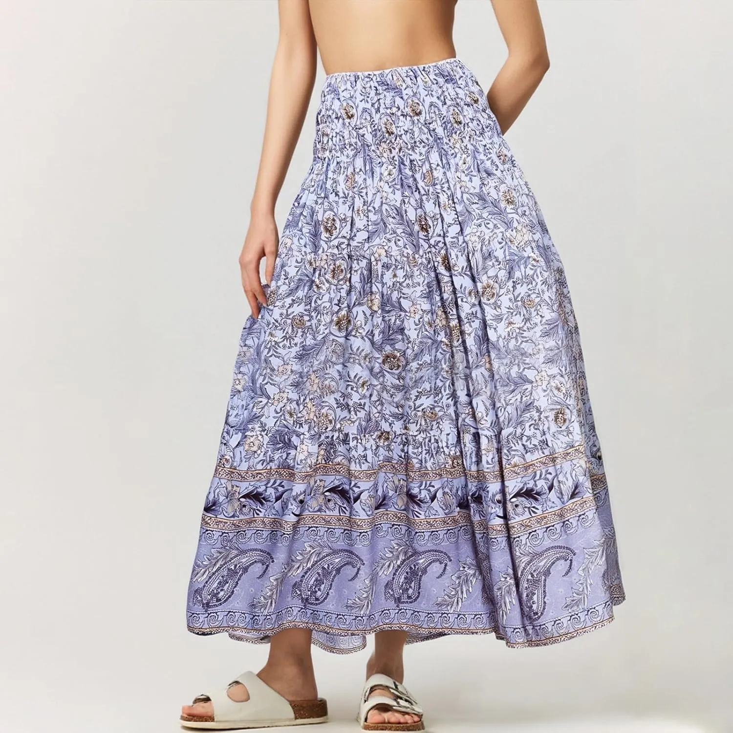 Long Skirts for Women 2025 Smocked Elastic High Waisted Skirts Boho Flowy A Line Tiered Floral Maxi Skirt