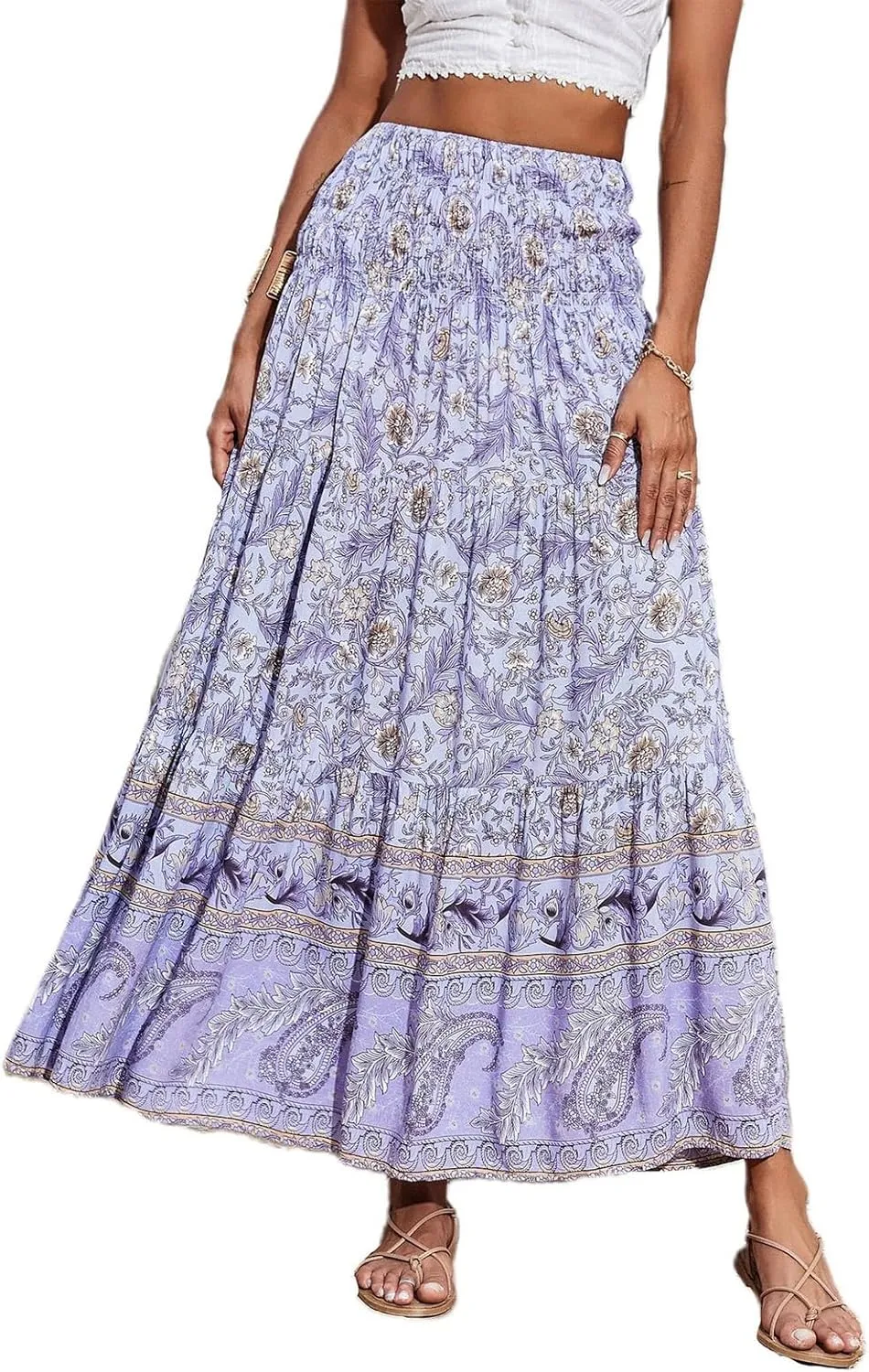 Long Skirts for Women 2025 Smocked Elastic High Waisted Skirts Boho Flowy A Line Tiered Floral Maxi Skirt