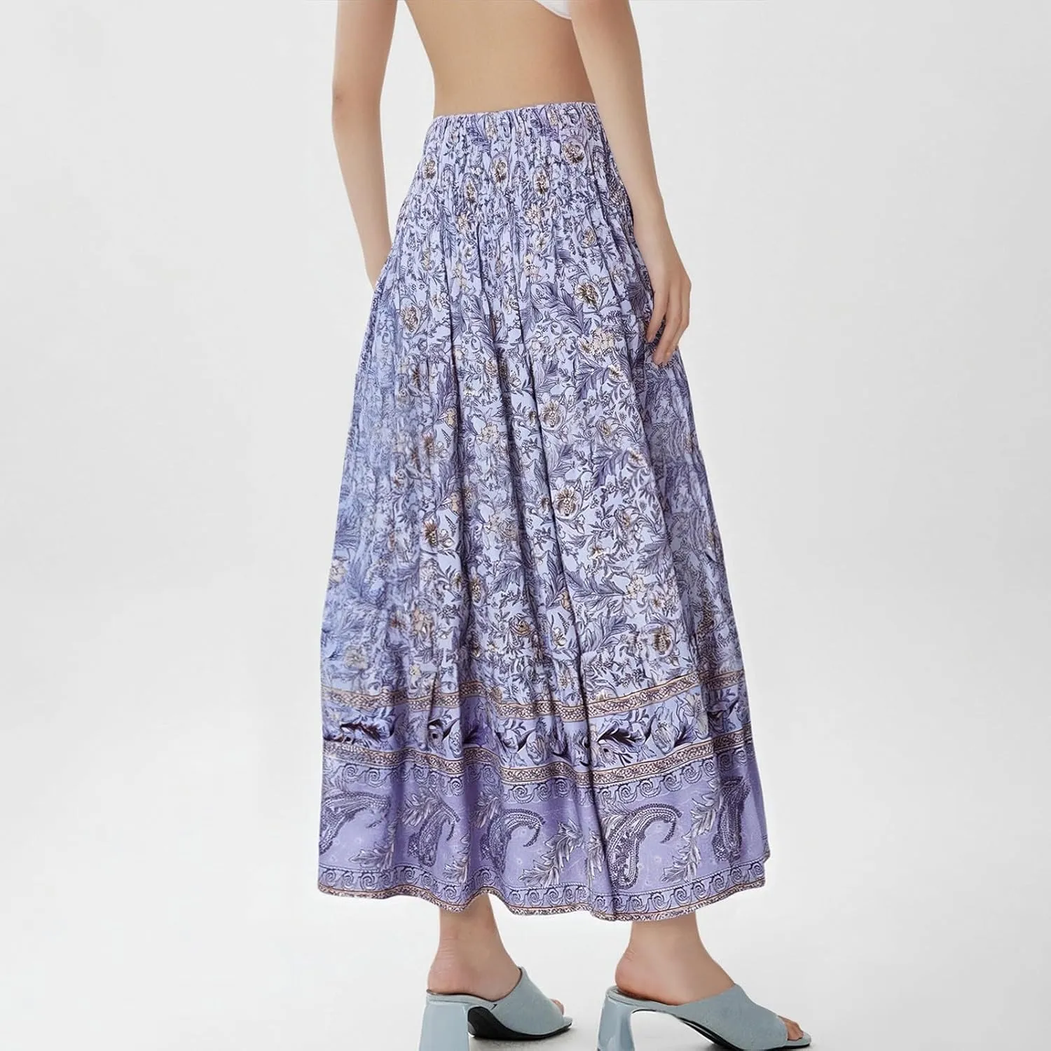 Long Skirts for Women 2025 Smocked Elastic High Waisted Skirts Boho Flowy A Line Tiered Floral Maxi Skirt