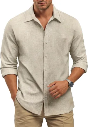 Long Sleeve Shirts for Men Button Down Shirt Linen Collared Dress Shirt with Pocket