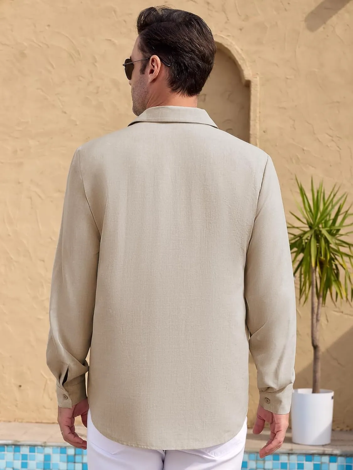 Long Sleeve Shirts for Men Button Down Shirt Linen Collared Dress Shirt with Pocket