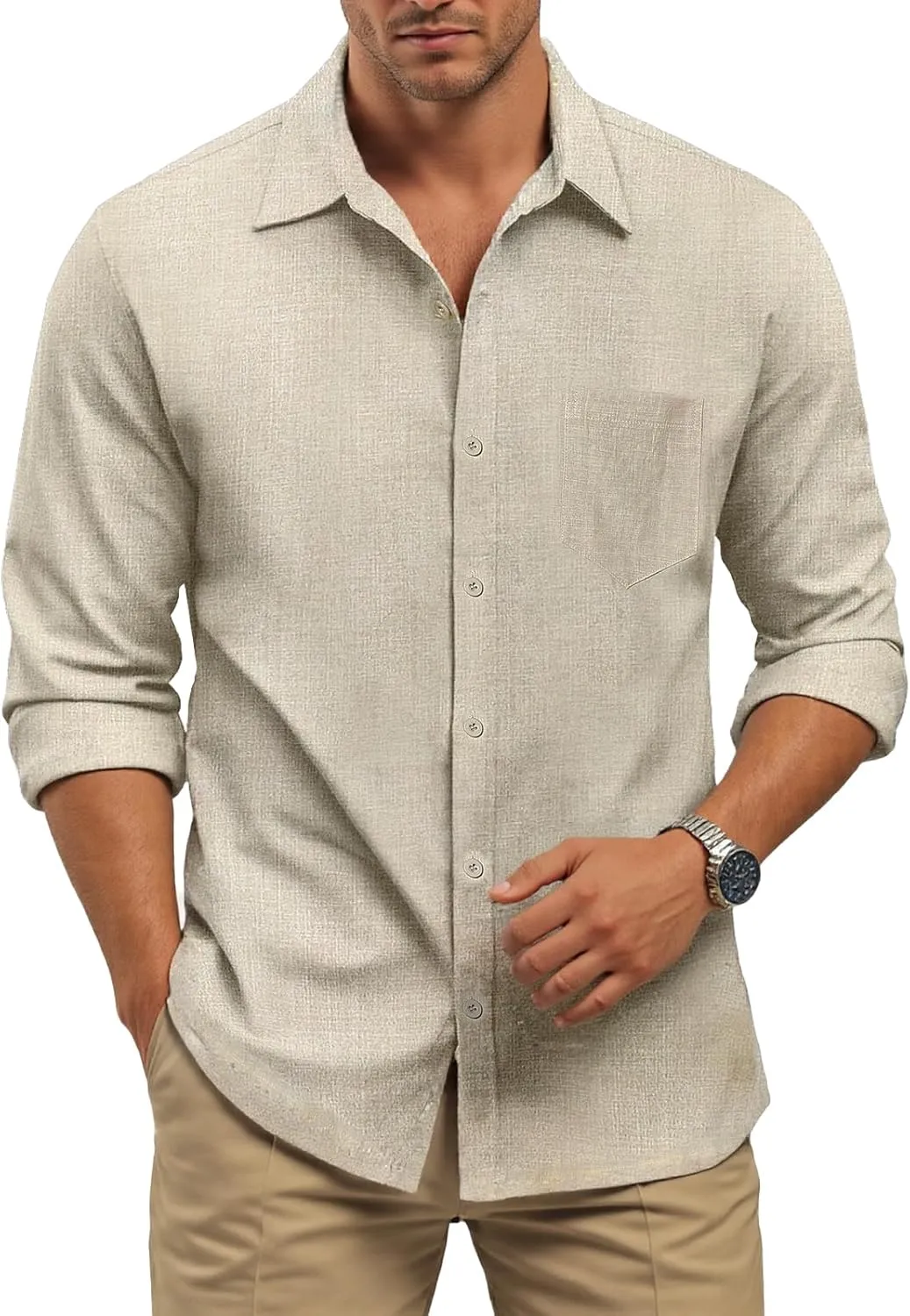 Long Sleeve Shirts for Men Button Down Shirt Linen Collared Dress Shirt with Pocket