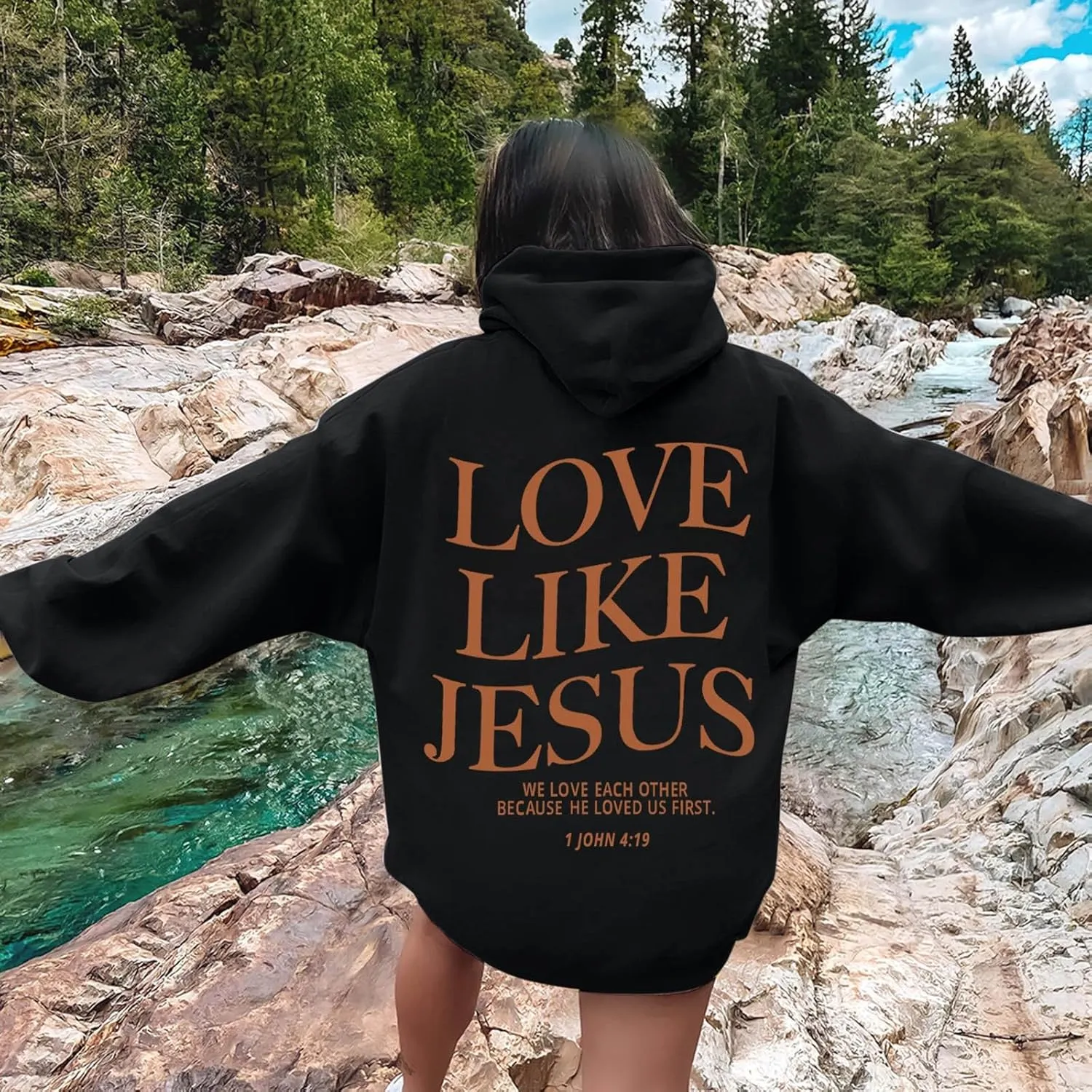 Love Like Jesus Graphic Christian Hoodies for Women Girls Bible Verse Oversized Long Sleeve Pocket Y2K Sweatshirt
