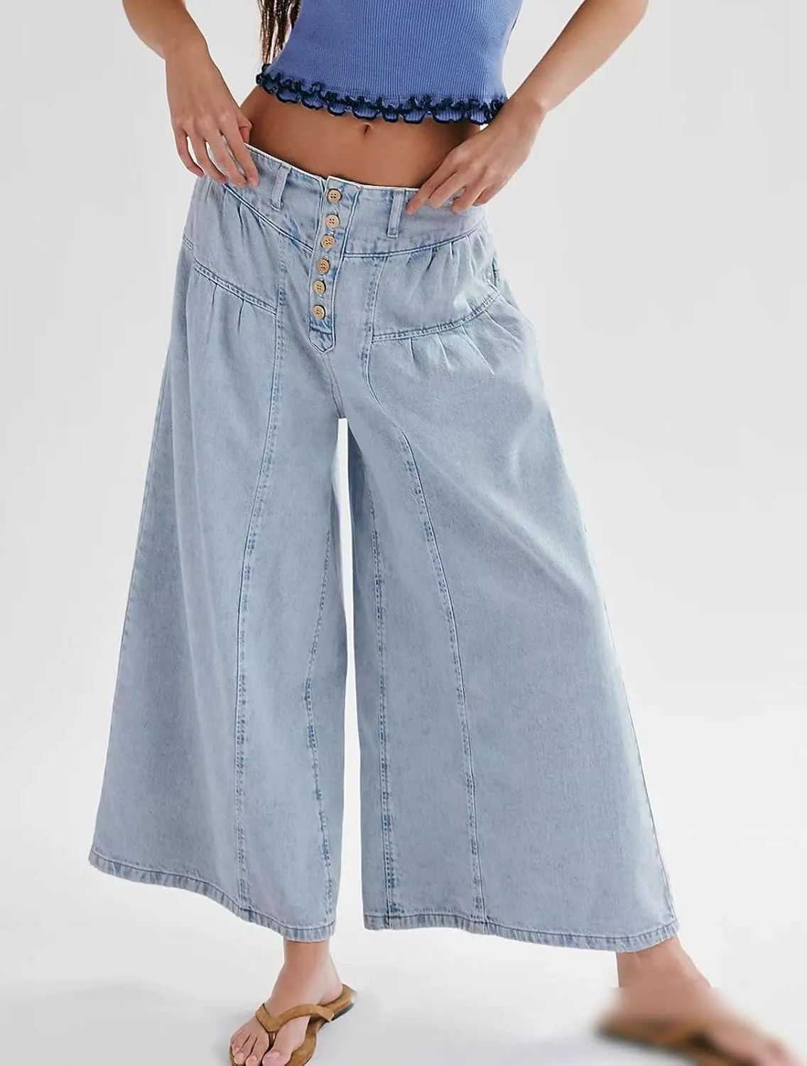 loveimgs Women Mid Rise Pleated Denim Palazzo Pants Cargo Wide Leg Baggy Jeans Ruffle Flare Harem Pants Y2k Elastic Waist