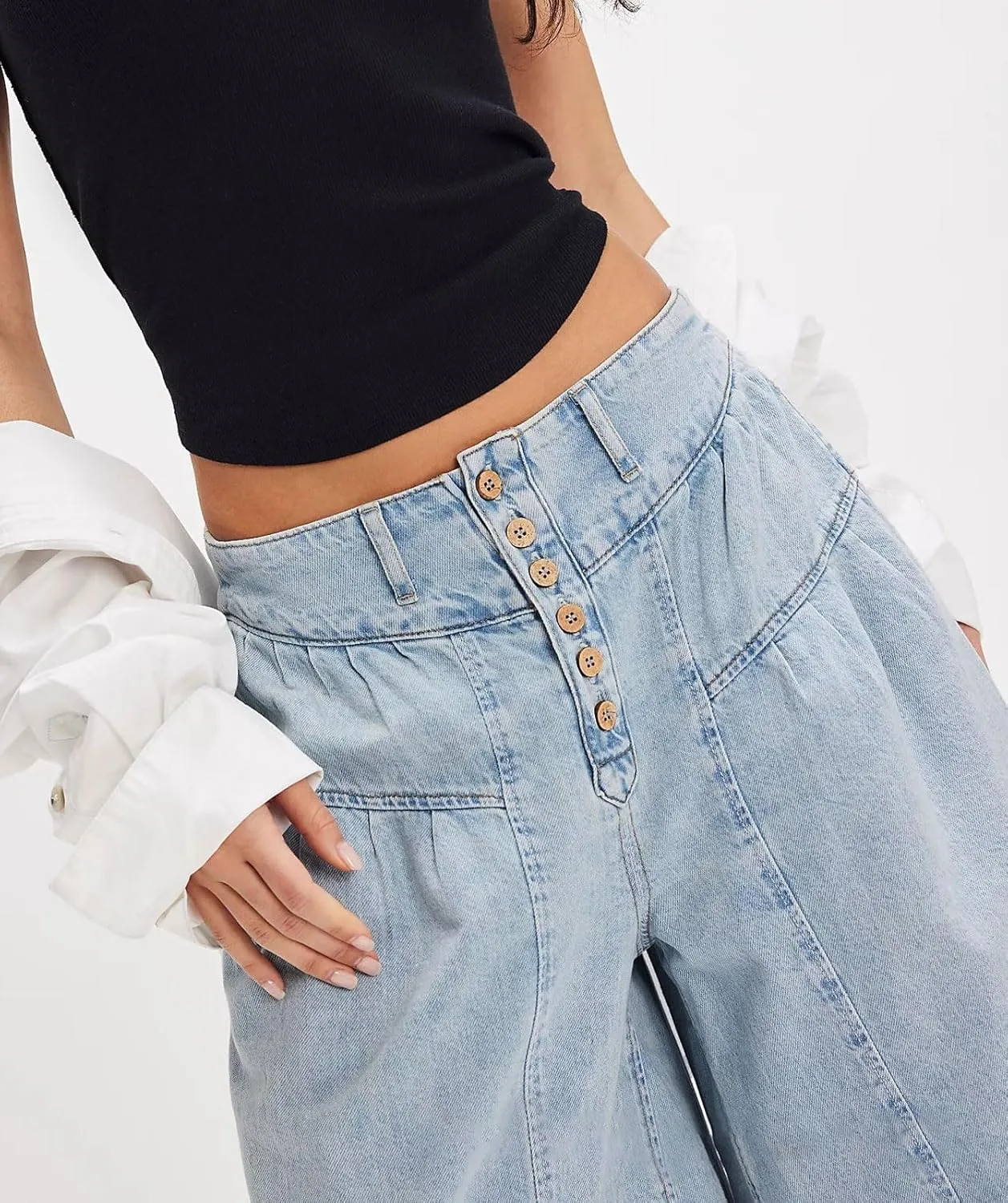 loveimgs Women Mid Rise Pleated Denim Palazzo Pants Cargo Wide Leg Baggy Jeans Ruffle Flare Harem Pants Y2k Elastic Waist