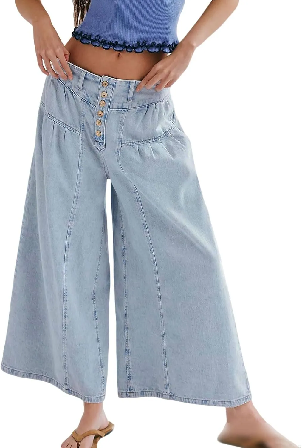 loveimgs Women Mid Rise Pleated Denim Palazzo Pants Cargo Wide Leg Baggy Jeans Ruffle Flare Harem Pants Y2k Elastic Waist