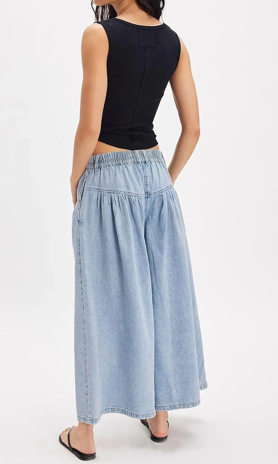 loveimgs Women Mid Rise Pleated Denim Palazzo Pants Cargo Wide Leg Baggy Jeans Ruffle Flare Harem Pants Y2k Elastic Waist