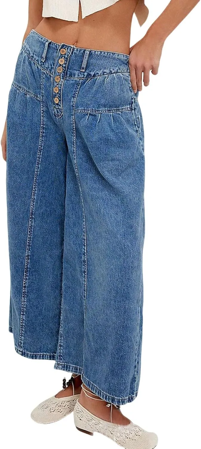 loveimgs Women Mid Rise Pleated Denim Palazzo Pants Cargo Wide Leg Baggy Jeans Ruffle Flare Harem Pants Y2k Elastic Waist