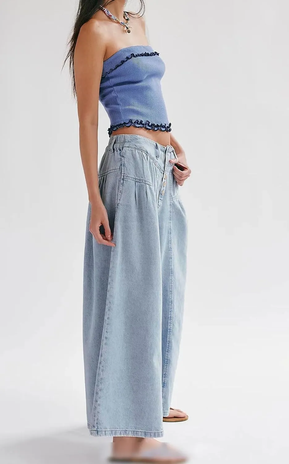 loveimgs Women Mid Rise Pleated Denim Palazzo Pants Cargo Wide Leg Baggy Jeans Ruffle Flare Harem Pants Y2k Elastic Waist
