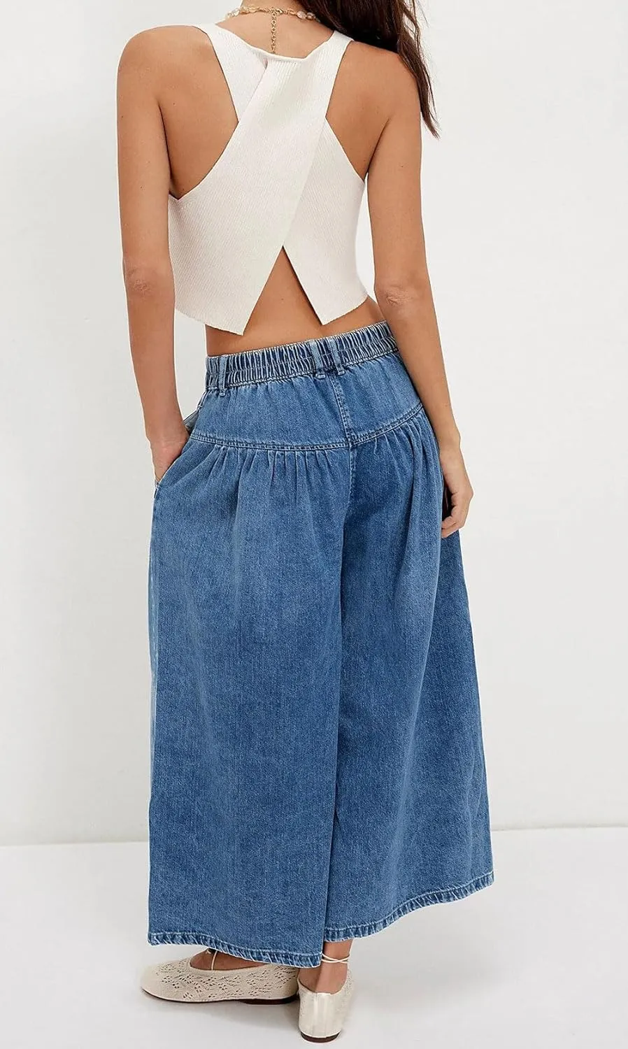 loveimgs Women Mid Rise Pleated Denim Palazzo Pants Cargo Wide Leg Baggy Jeans Ruffle Flare Harem Pants Y2k Elastic Waist