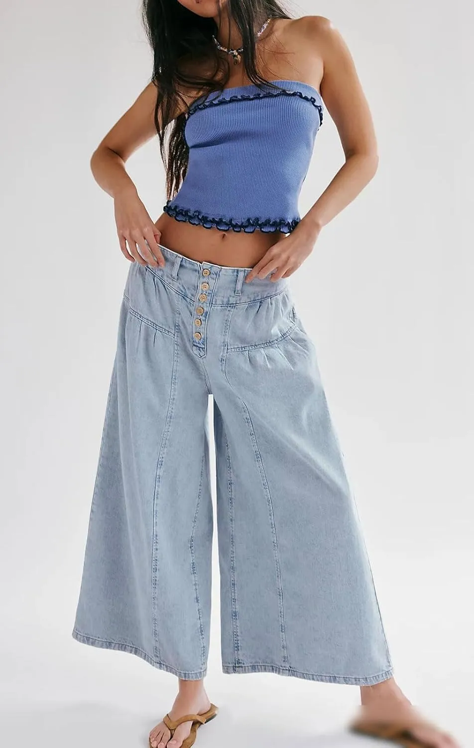 loveimgs Women Mid Rise Pleated Denim Palazzo Pants Cargo Wide Leg Baggy Jeans Ruffle Flare Harem Pants Y2k Elastic Waist