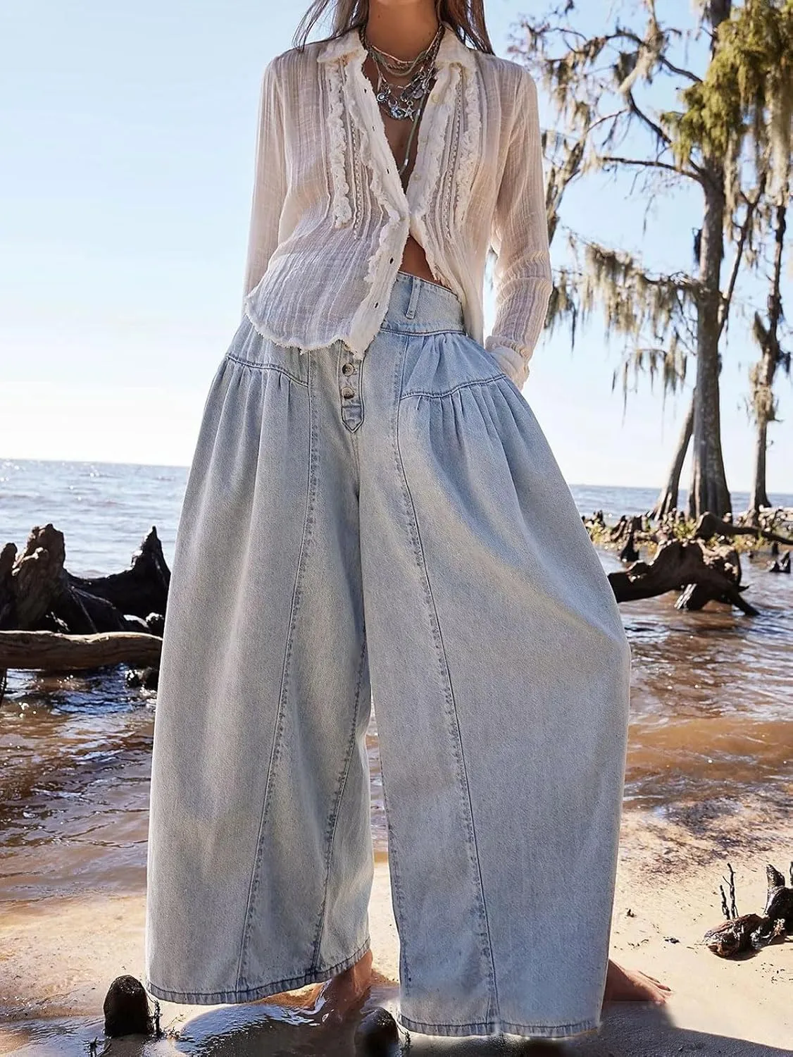 loveimgs Women Mid Rise Pleated Denim Palazzo Pants Cargo Wide Leg Baggy Jeans Ruffle Flare Harem Pants Y2k Elastic Waist