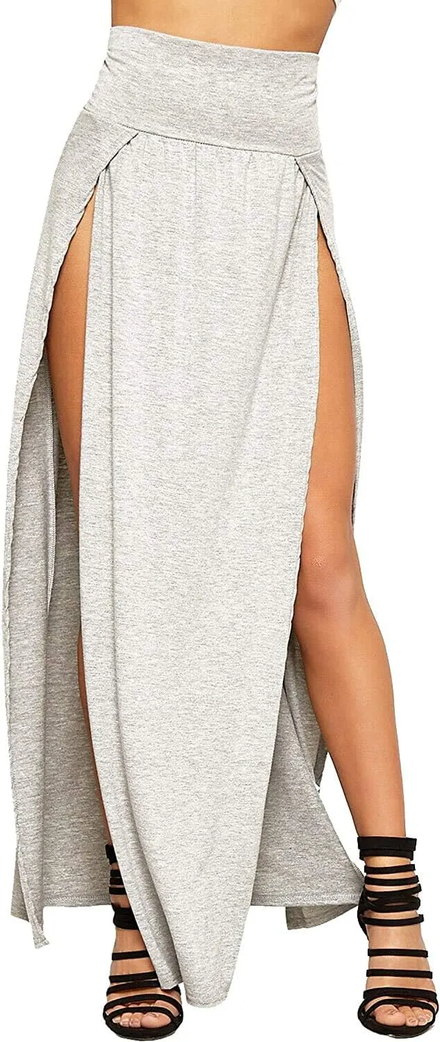 Loxdonz Women's Stretchy Split Skirts Maxi Long Skirt Plain Side Slit Beach Party Maxi Skirts