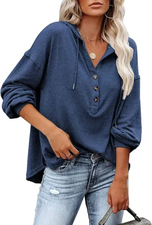 LuckyMore Women's Sweatshirts Hoodie Casual V Neck Long Sleeve Button Pullover Tunic Tops