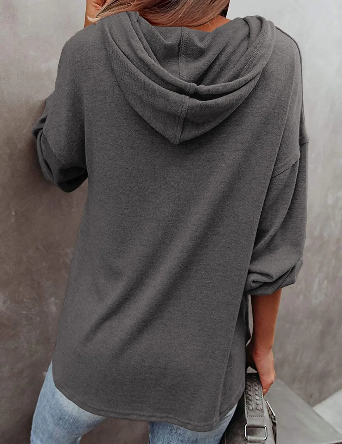LuckyMore Women's Sweatshirts Hoodie Casual V Neck Long Sleeve Button Pullover Tunic Tops