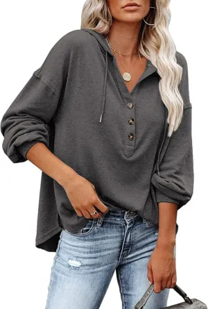 LuckyMore Women's Sweatshirts Hoodie Casual V Neck Long Sleeve Button Pullover Tunic Tops