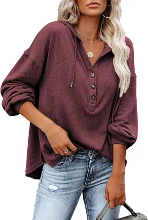 LuckyMore Women's Sweatshirts Hoodie Casual V Neck Long Sleeve Button Pullover Tunic Tops