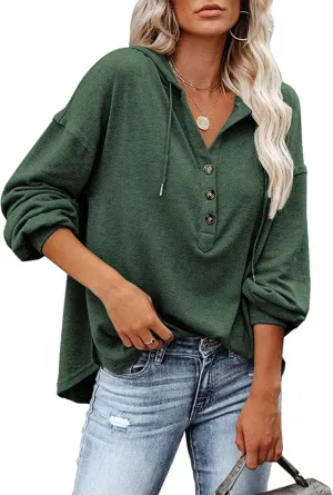 LuckyMore Women's Sweatshirts Hoodie Casual V Neck Long Sleeve Button Pullover Tunic Tops