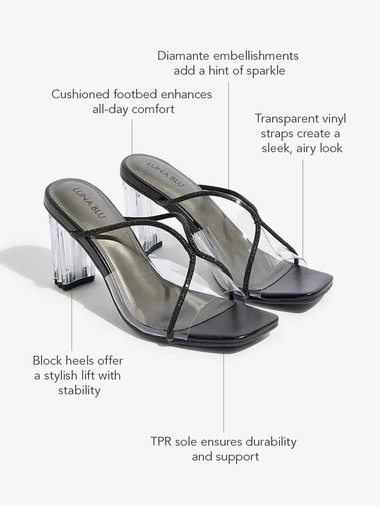 LUNA BLU Black Diamante Embellished Vinyl Heel Sandals
