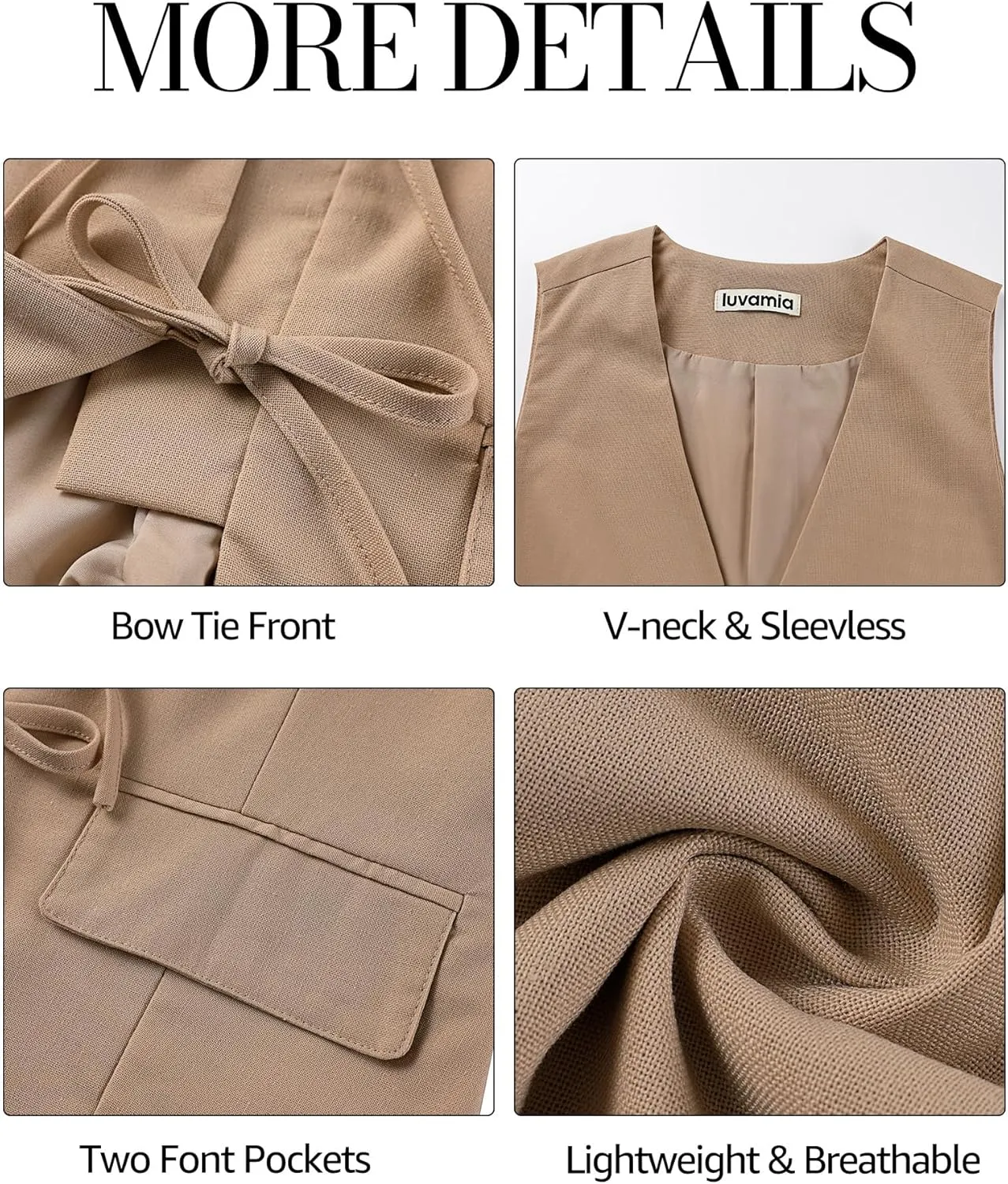 luvamia Linen Vest for Women Trendy Sleeveless Tie Front Tops Summer Casual Top Waistcoat Suit Vests with Pockets