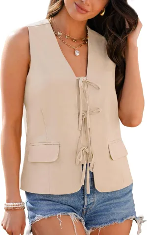 luvamia Linen Vest for Women Trendy Sleeveless Tie Front Tops Summer Casual Top Waistcoat Suit Vests with Pockets