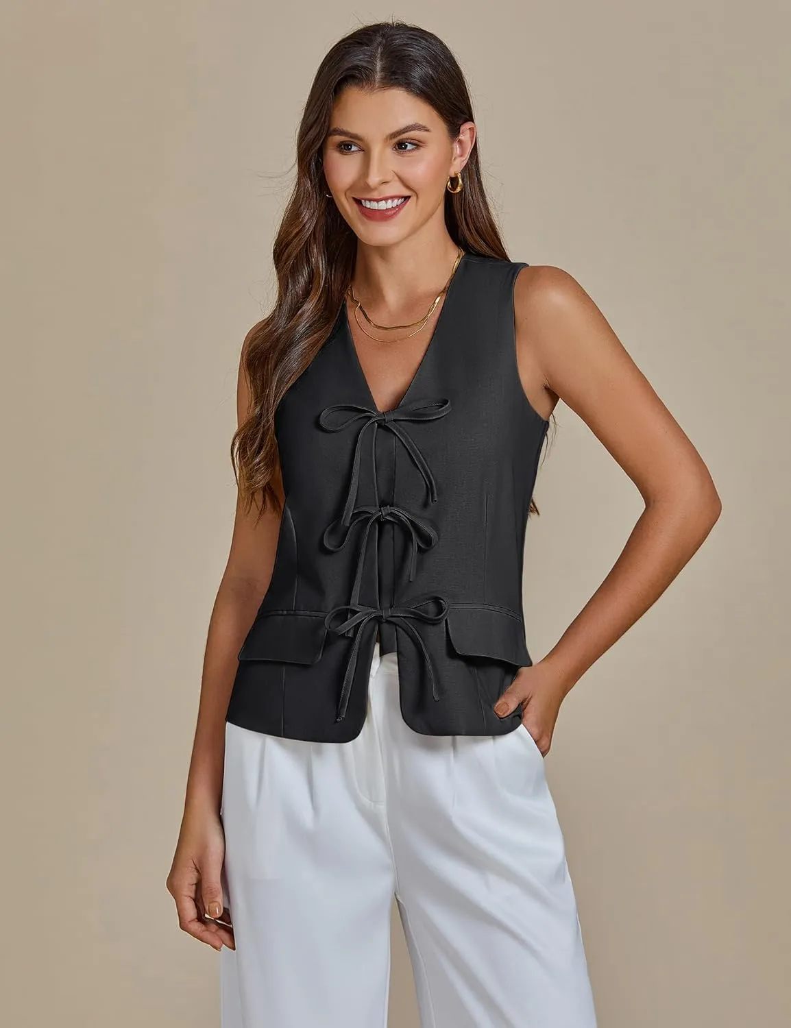 luvamia Linen Vest for Women Trendy Sleeveless Tie Front Tops Summer Casual Top Waistcoat Suit Vests with Pockets