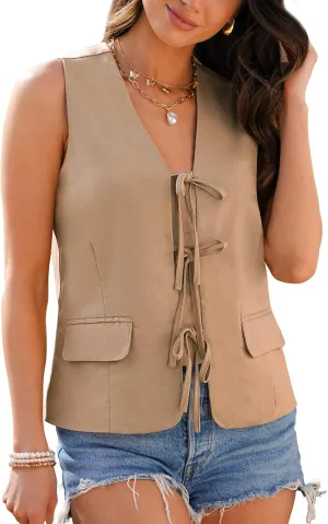 luvamia Linen Vest for Women Trendy Sleeveless Tie Front Tops Summer Casual Top Waistcoat Suit Vests with Pockets