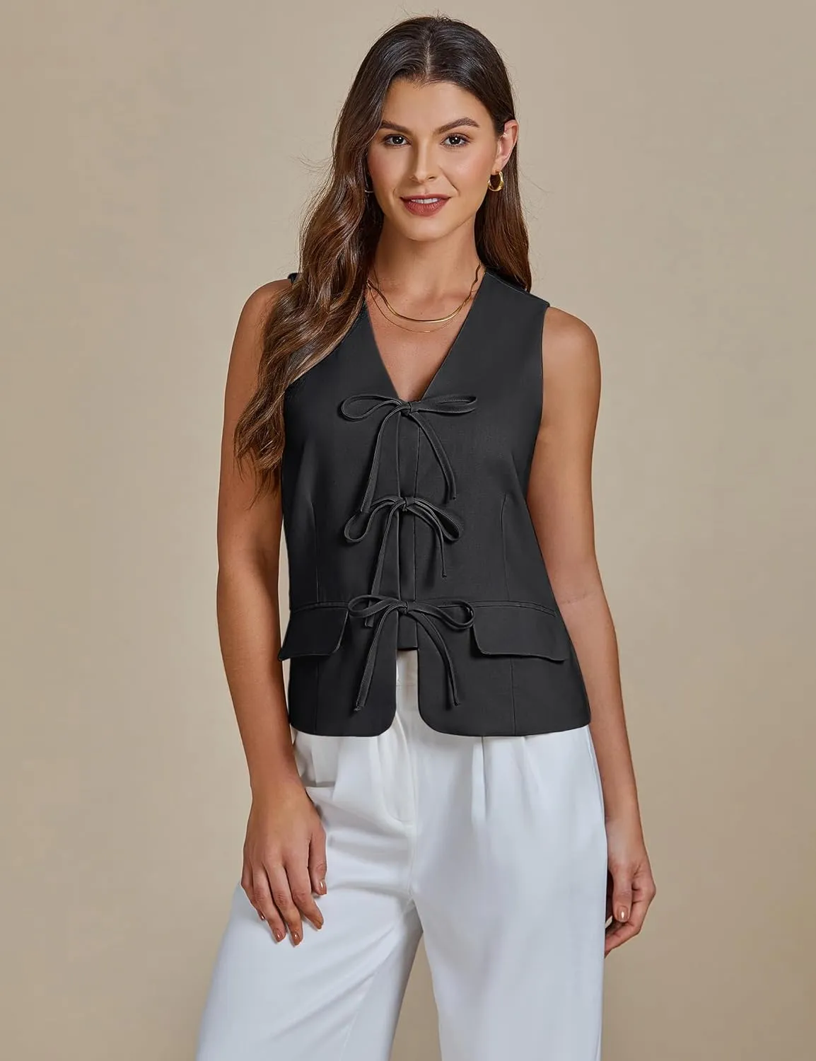 luvamia Linen Vest for Women Trendy Sleeveless Tie Front Tops Summer Casual Top Waistcoat Suit Vests with Pockets