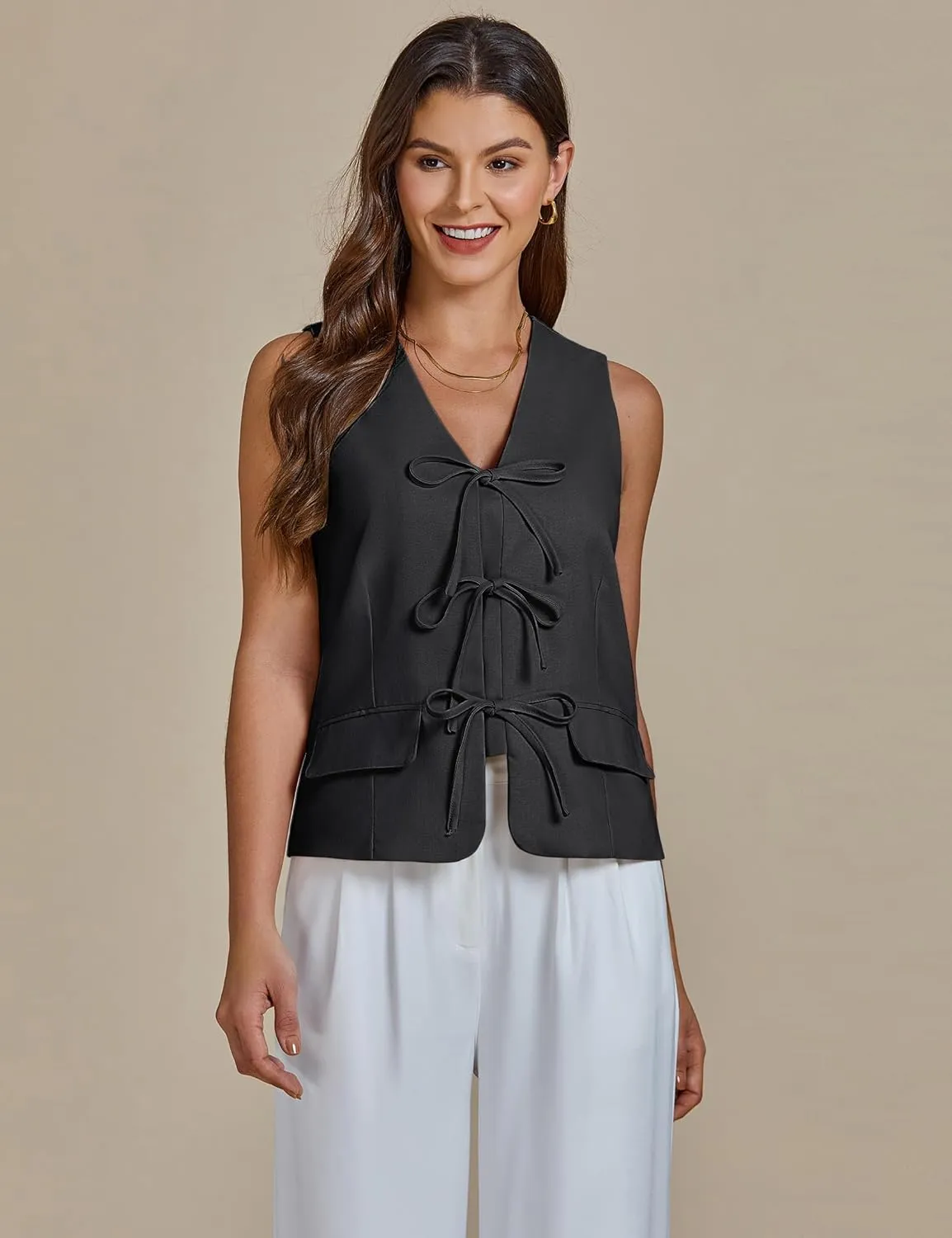 luvamia Linen Vest for Women Trendy Sleeveless Tie Front Tops Summer Casual Top Waistcoat Suit Vests with Pockets