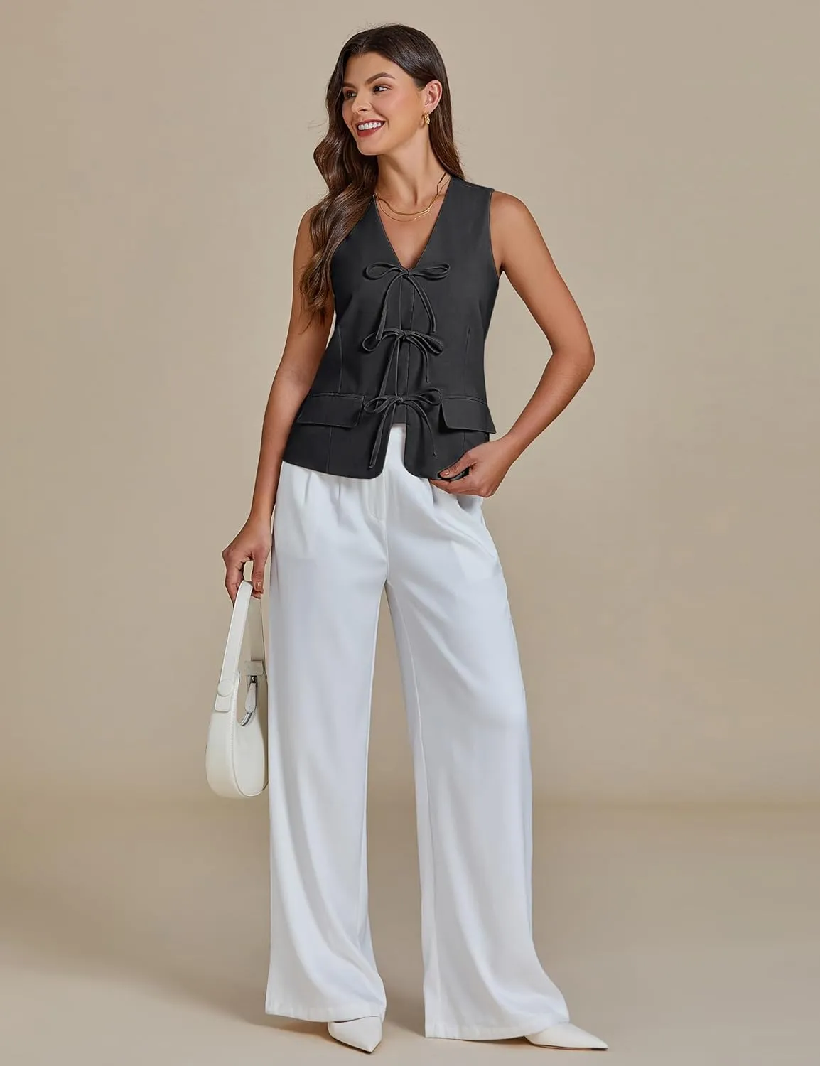 luvamia Linen Vest for Women Trendy Sleeveless Tie Front Tops Summer Casual Top Waistcoat Suit Vests with Pockets