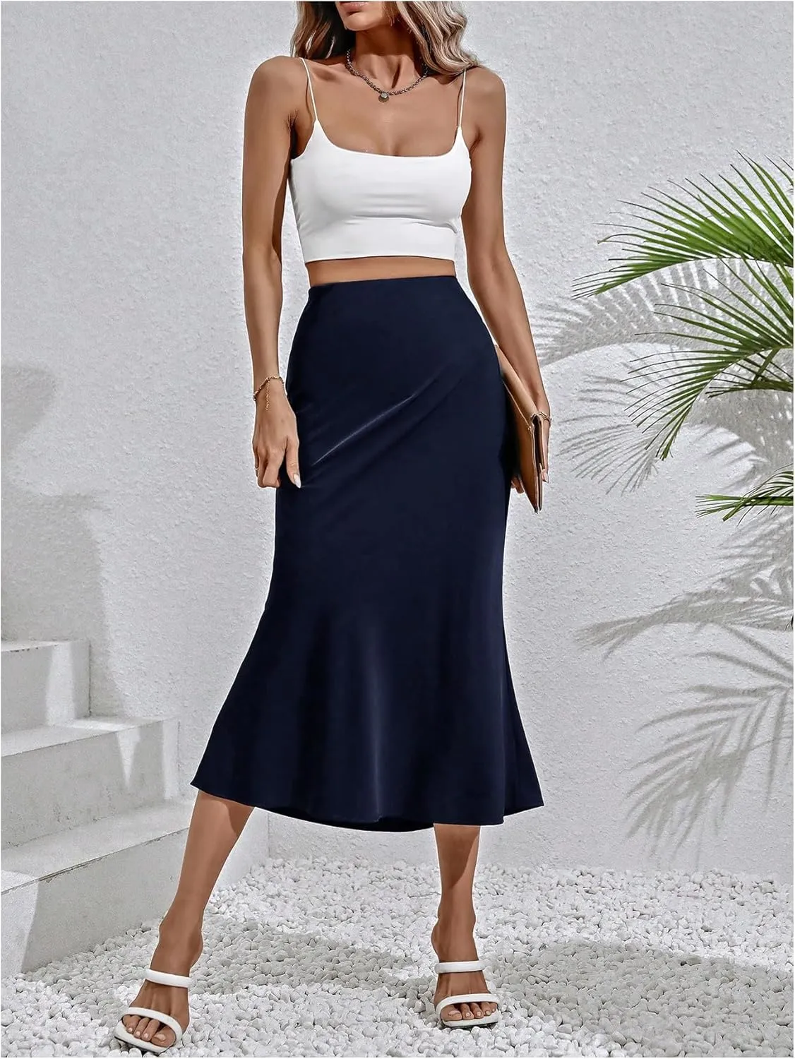 MakeMeChic Women's Bodycon Midi Skirt Satin Flared Hem Ruffle Elegant High Waist Skirts