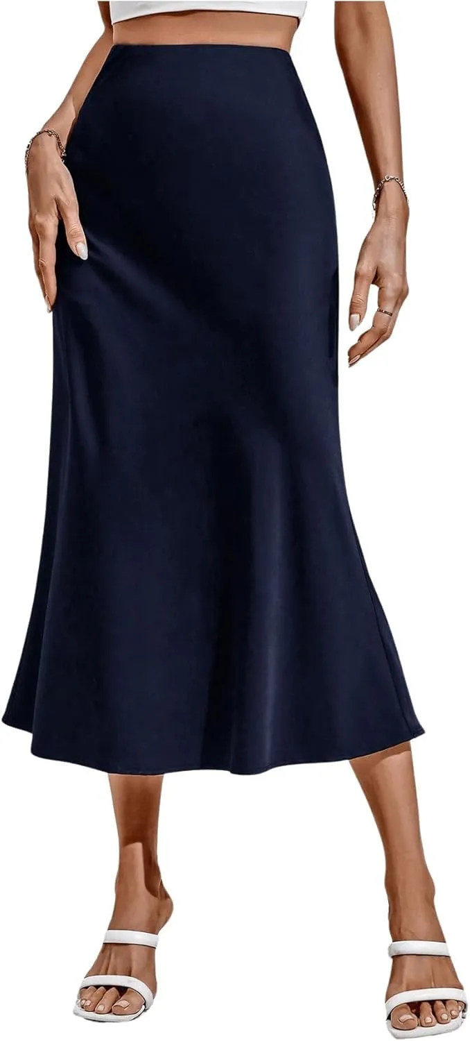 MakeMeChic Women's Bodycon Midi Skirt Satin Flared Hem Ruffle Elegant High Waist Skirts