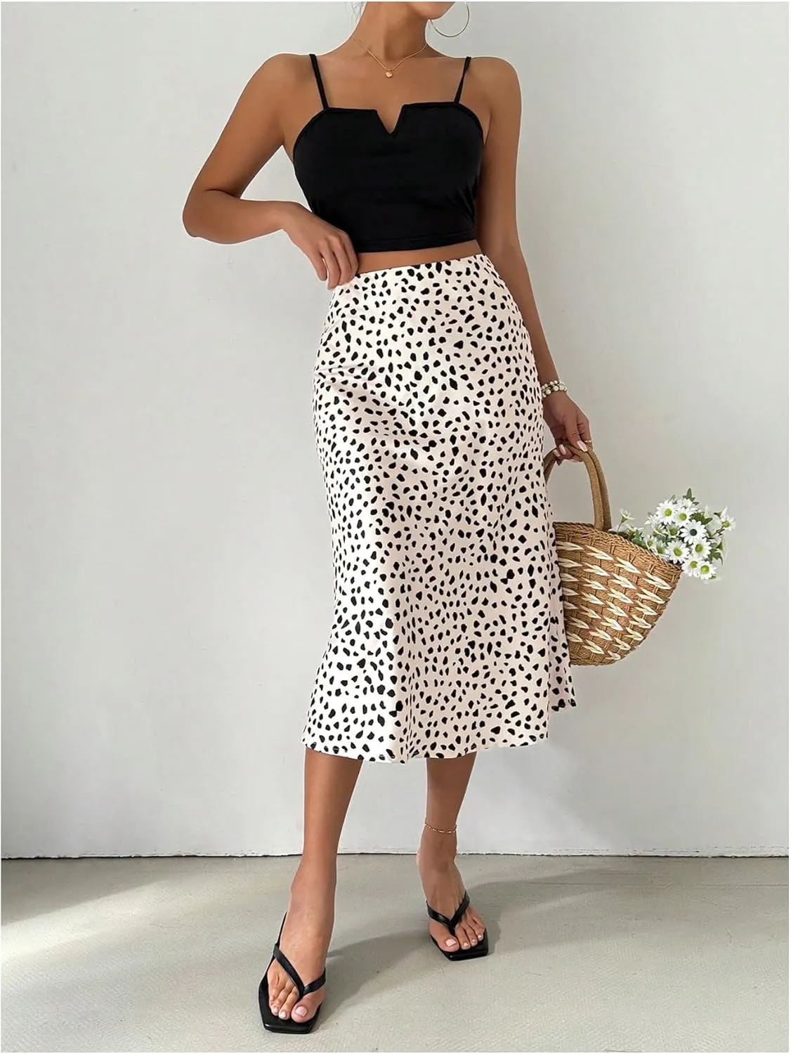 MakeMeChic Women's Bodycon Midi Skirt Satin Flared Hem Ruffle Elegant High Waist Skirts