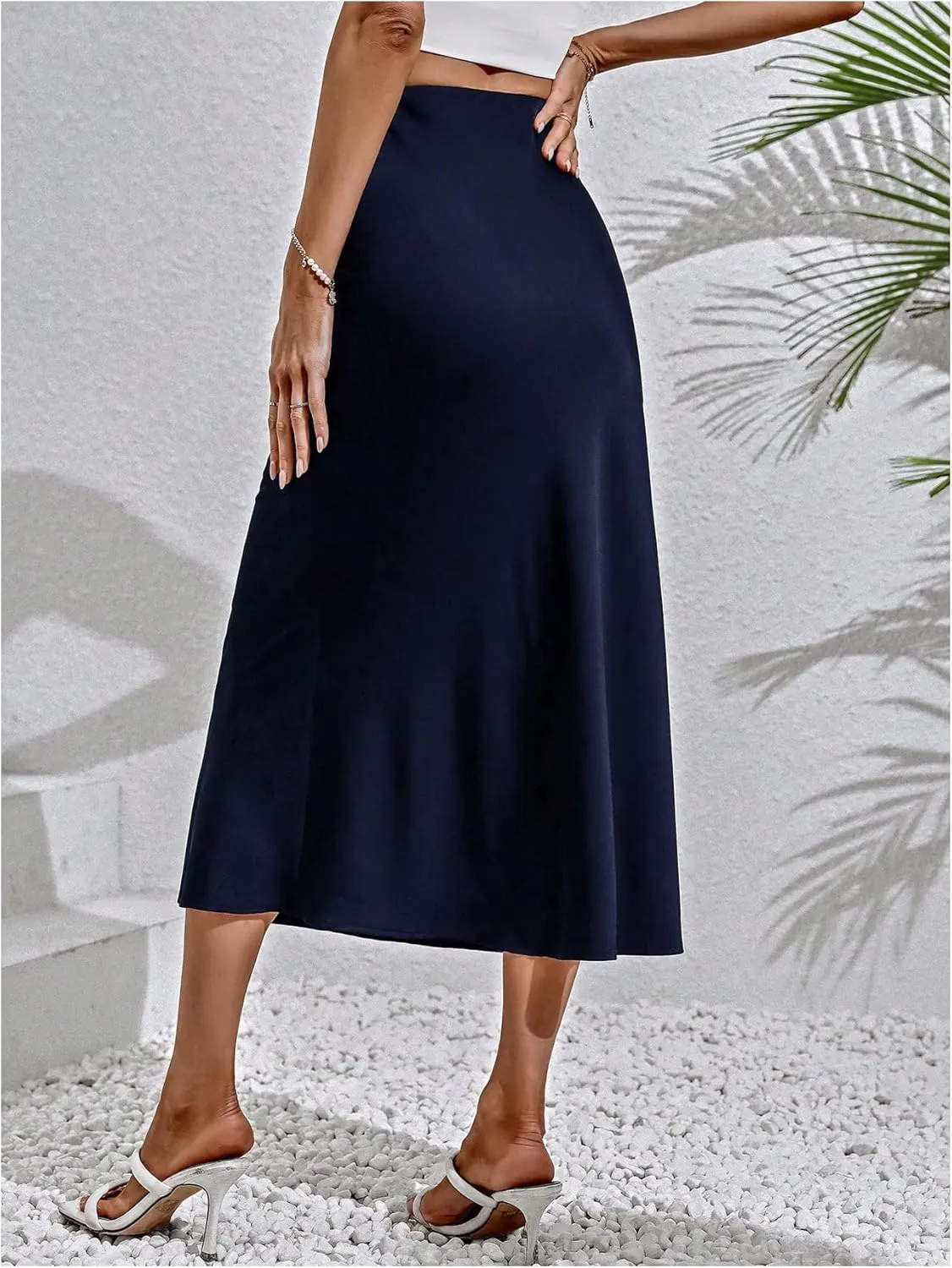 MakeMeChic Women's Bodycon Midi Skirt Satin Flared Hem Ruffle Elegant High Waist Skirts