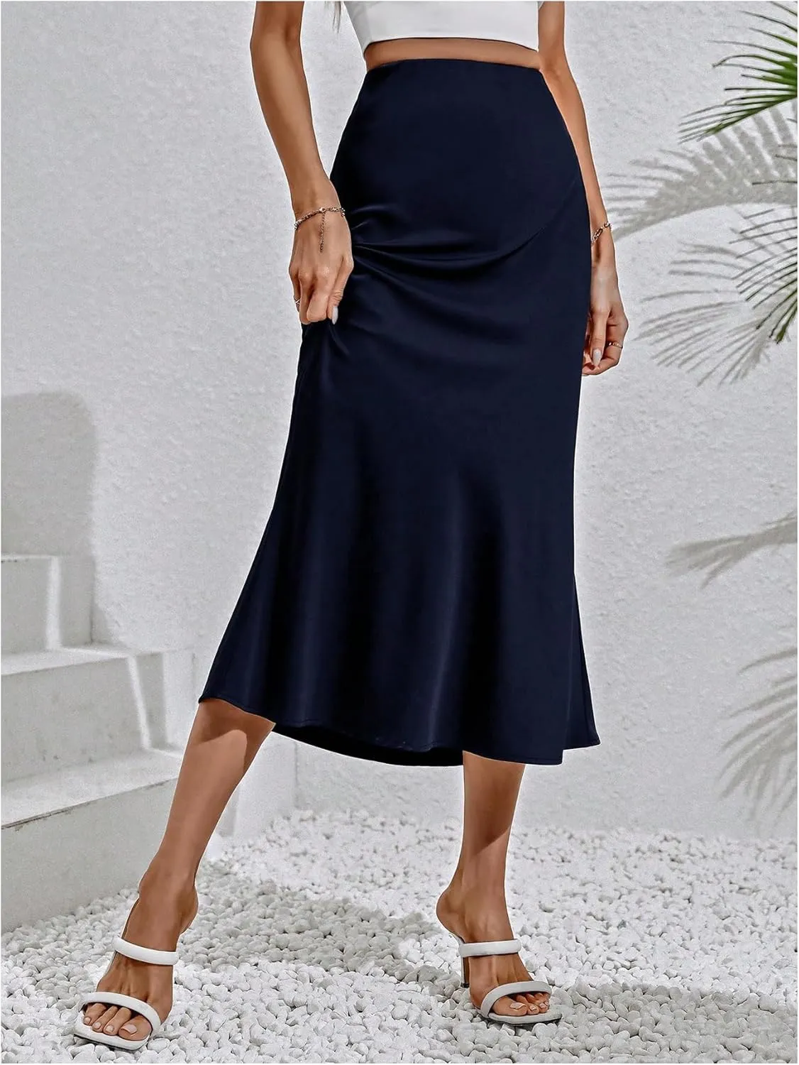 MakeMeChic Women's Bodycon Midi Skirt Satin Flared Hem Ruffle Elegant High Waist Skirts