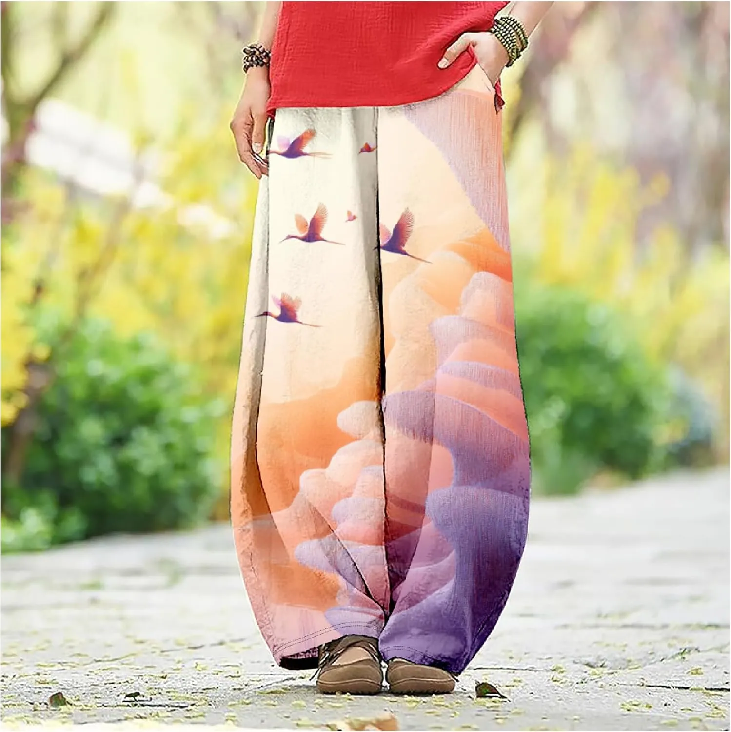MARSVOVO Baggy Sweatpants for Women Wide Leg Harem Pants Woman Landscape Ink Painting Print Casual Culottes with Pockets