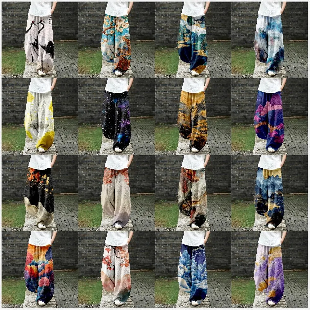 MARSVOVO Baggy Sweatpants for Women Wide Leg Harem Pants Woman Landscape Ink Painting Print Casual Culottes with Pockets