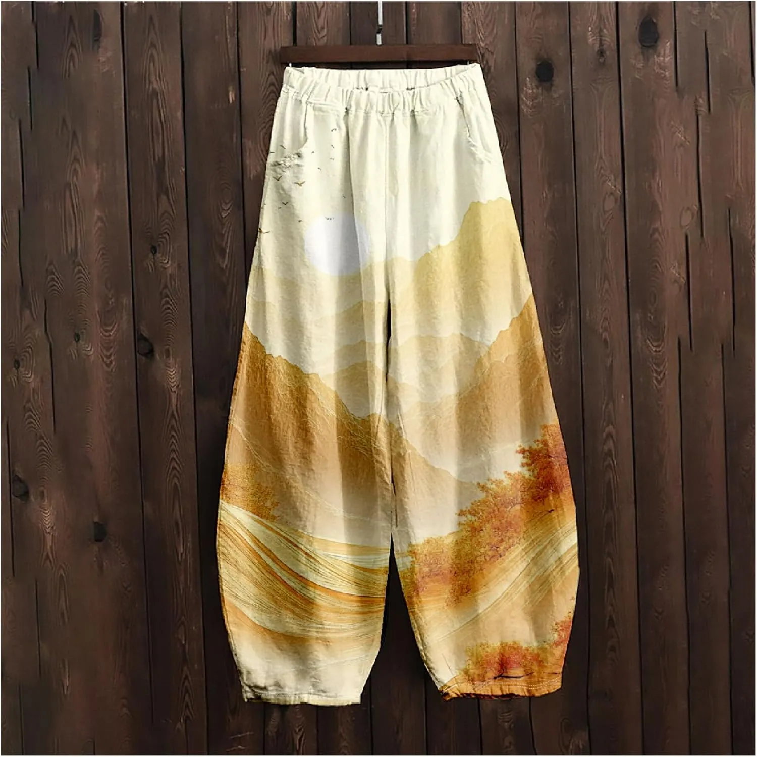 MARSVOVO Baggy Sweatpants for Women Wide Leg Harem Pants Woman Landscape Ink Painting Print Casual Culottes with Pockets