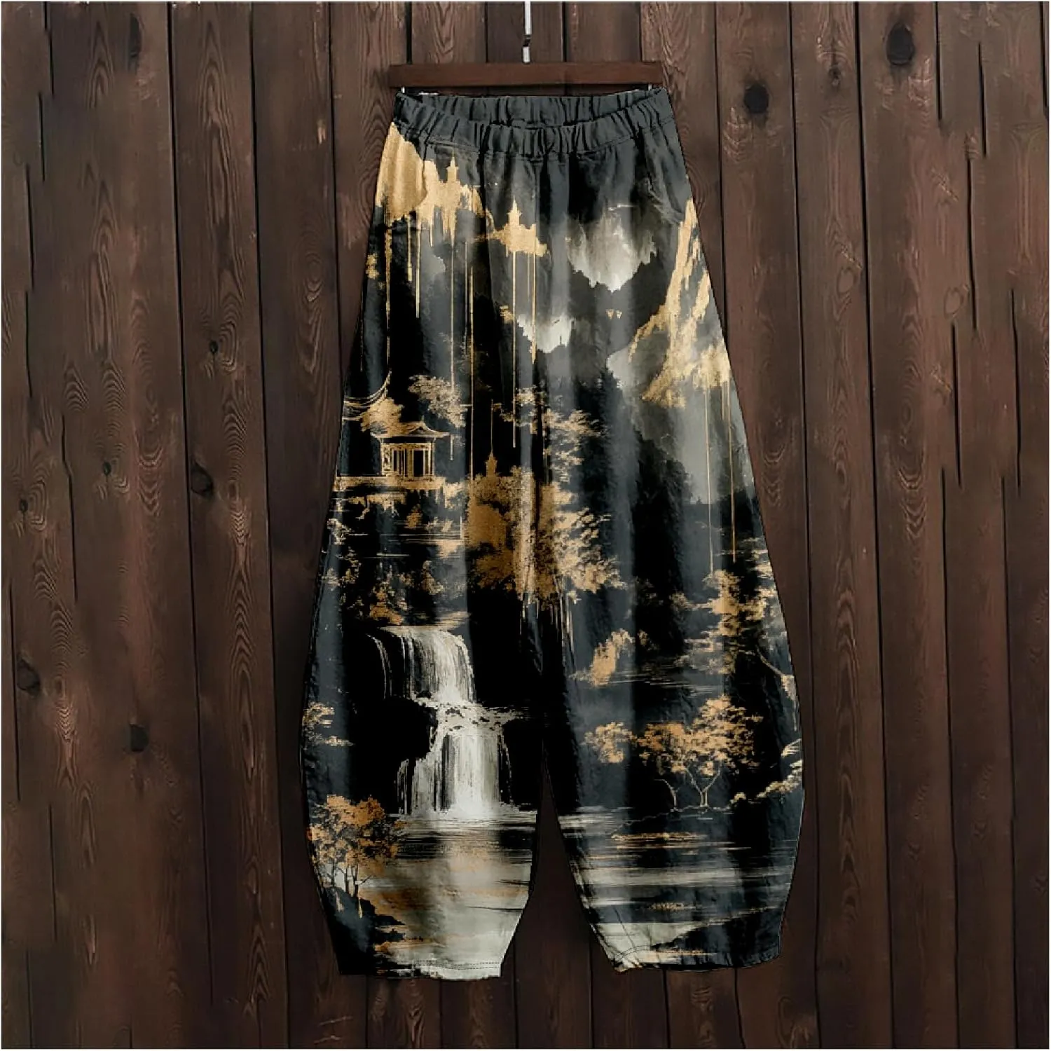 MARSVOVO Baggy Sweatpants for Women Wide Leg Harem Pants Woman Landscape Ink Painting Print Casual Culottes with Pockets