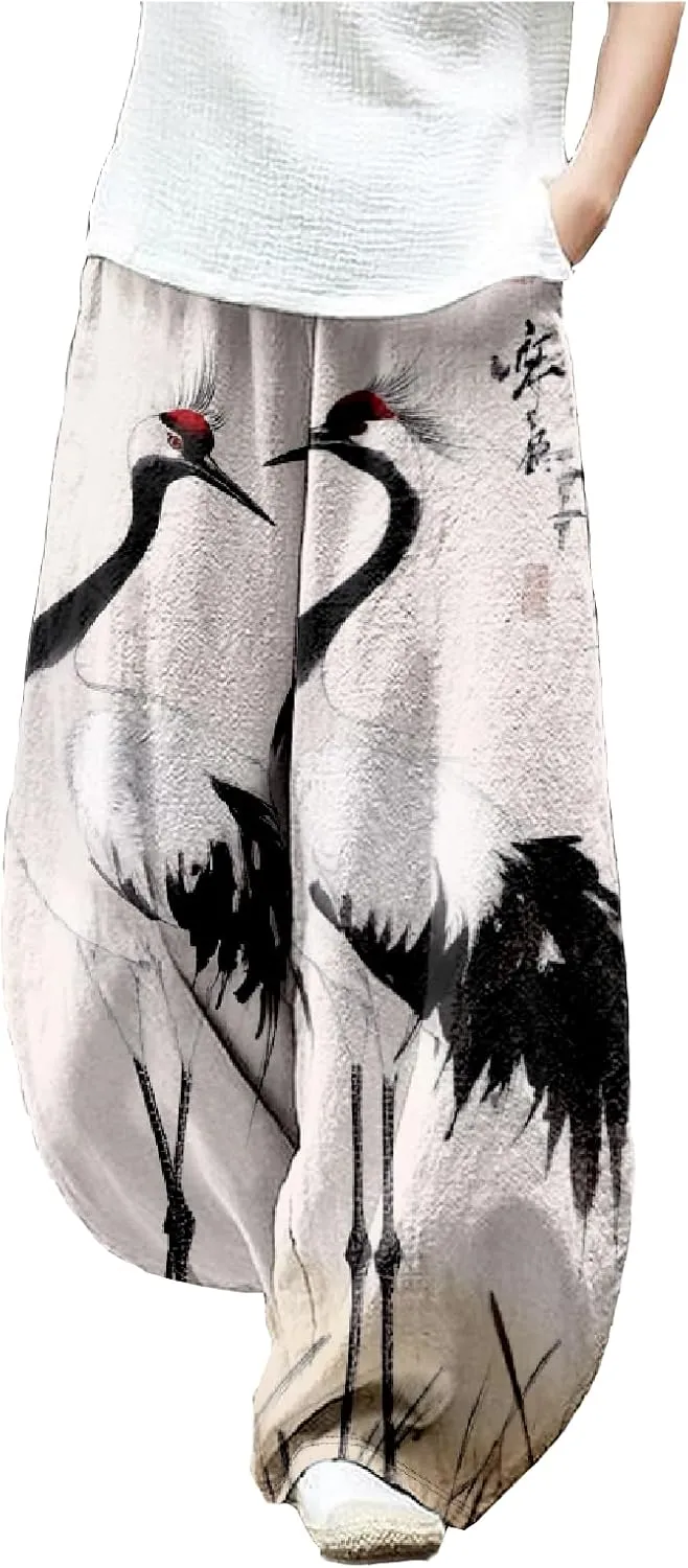 MARSVOVO Baggy Sweatpants for Women Wide Leg Harem Pants Woman Landscape Ink Painting Print Casual Culottes with Pockets