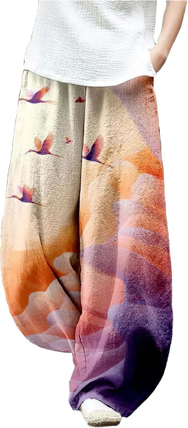 MARSVOVO Baggy Sweatpants for Women Wide Leg Harem Pants Woman Landscape Ink Painting Print Casual Culottes with Pockets