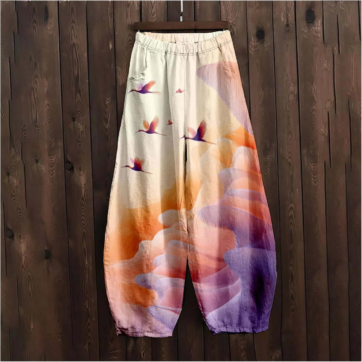 MARSVOVO Baggy Sweatpants for Women Wide Leg Harem Pants Woman Landscape Ink Painting Print Casual Culottes with Pockets