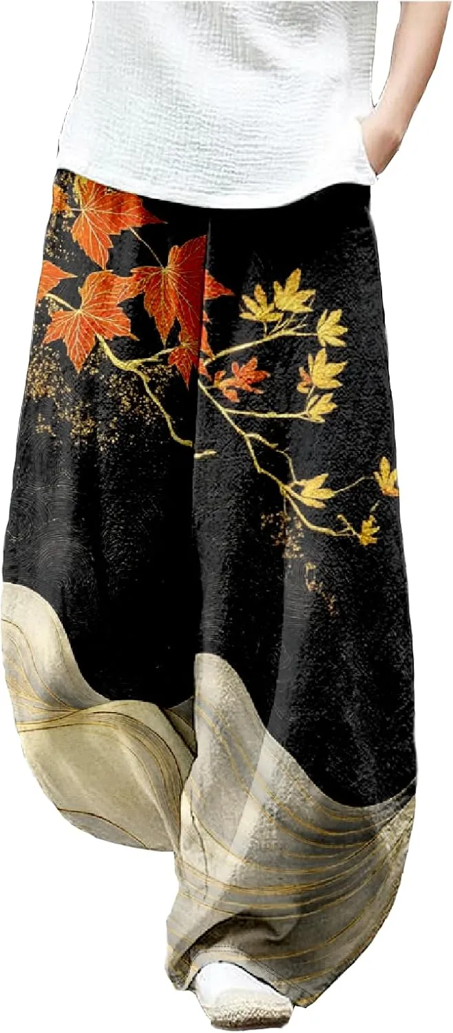 MARSVOVO Baggy Sweatpants for Women Wide Leg Harem Pants Woman Landscape Ink Painting Print Casual Culottes with Pockets