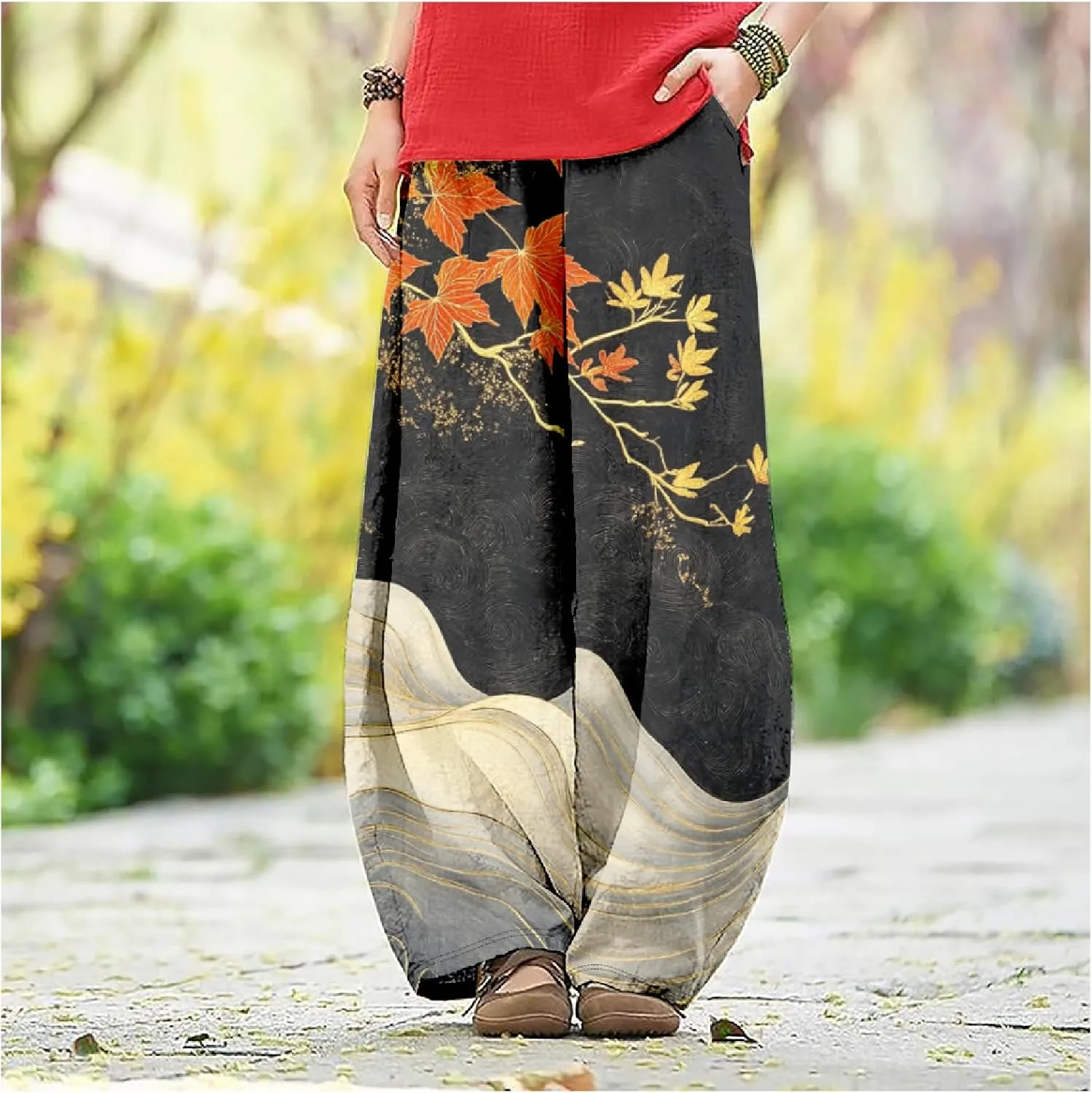 MARSVOVO Baggy Sweatpants for Women Wide Leg Harem Pants Woman Landscape Ink Painting Print Casual Culottes with Pockets