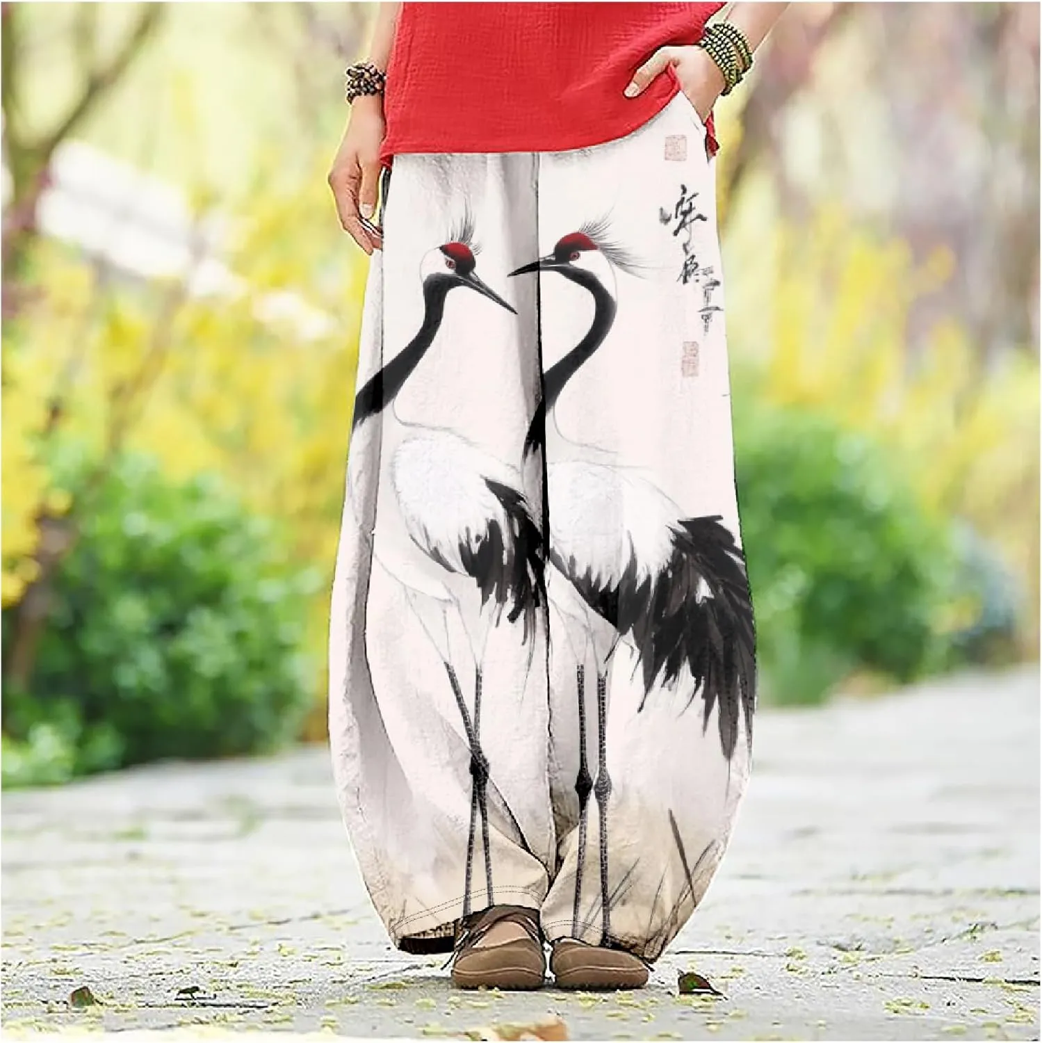 MARSVOVO Baggy Sweatpants for Women Wide Leg Harem Pants Woman Landscape Ink Painting Print Casual Culottes with Pockets